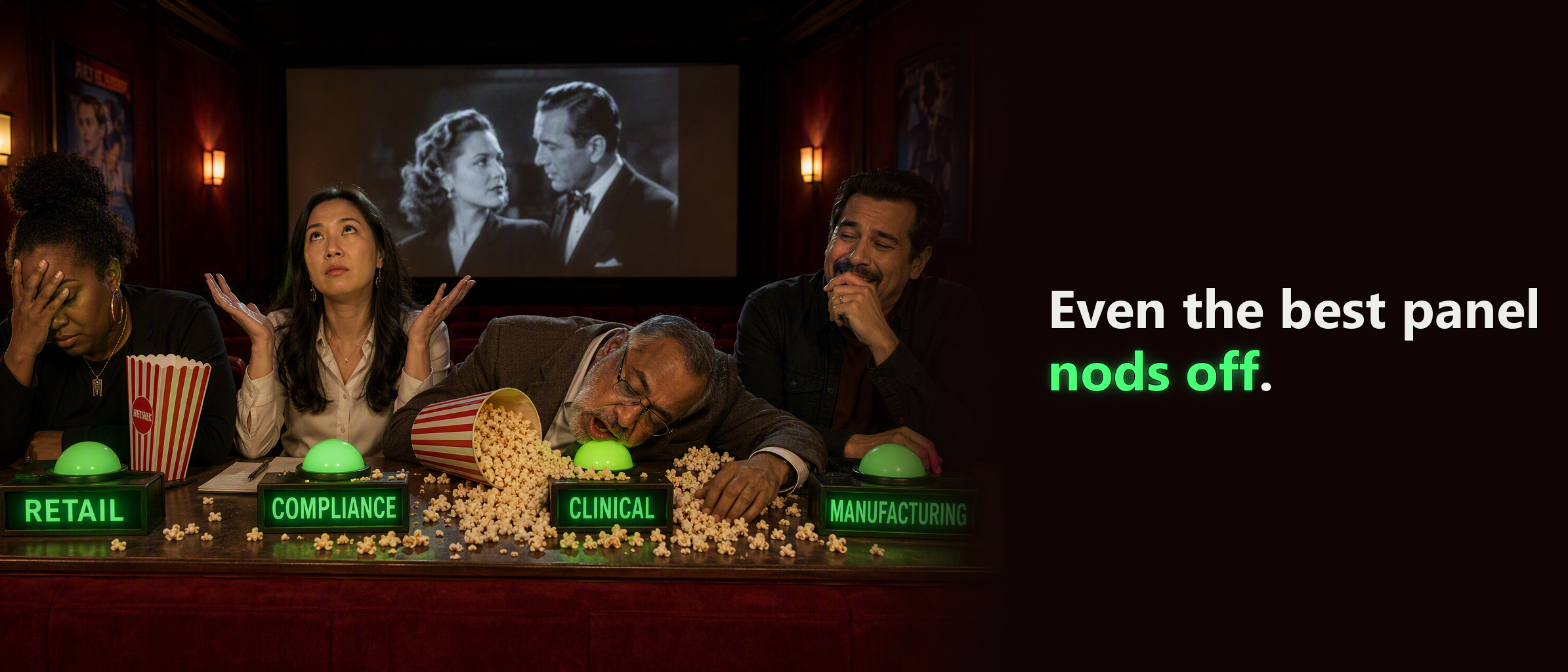 One council critic has fallen asleep face-down on his green approve button amid spilled popcorn while the other three react with facepalms and eye-rolls. Neon nameplates read Retail, Compliance, Clinical, and Manufacturing. Headline reads "Even the best panel nods off."