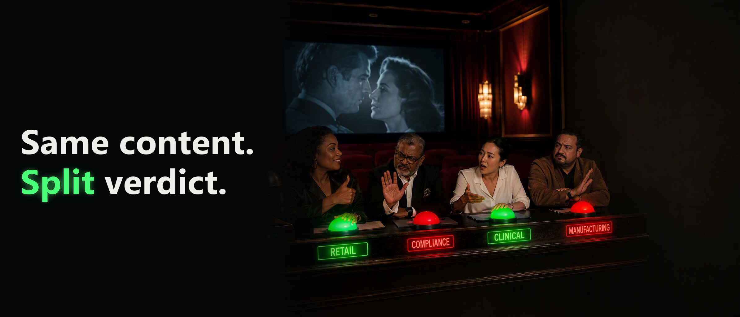 A diverse council of four critics reviews the same content but splits its verdict – two green approve lights, two red reject lights – as members lean in to argue. Neon nameplates read Retail, Compliance, Clinical, and Manufacturing. Headline reads "Same content. Split verdict."