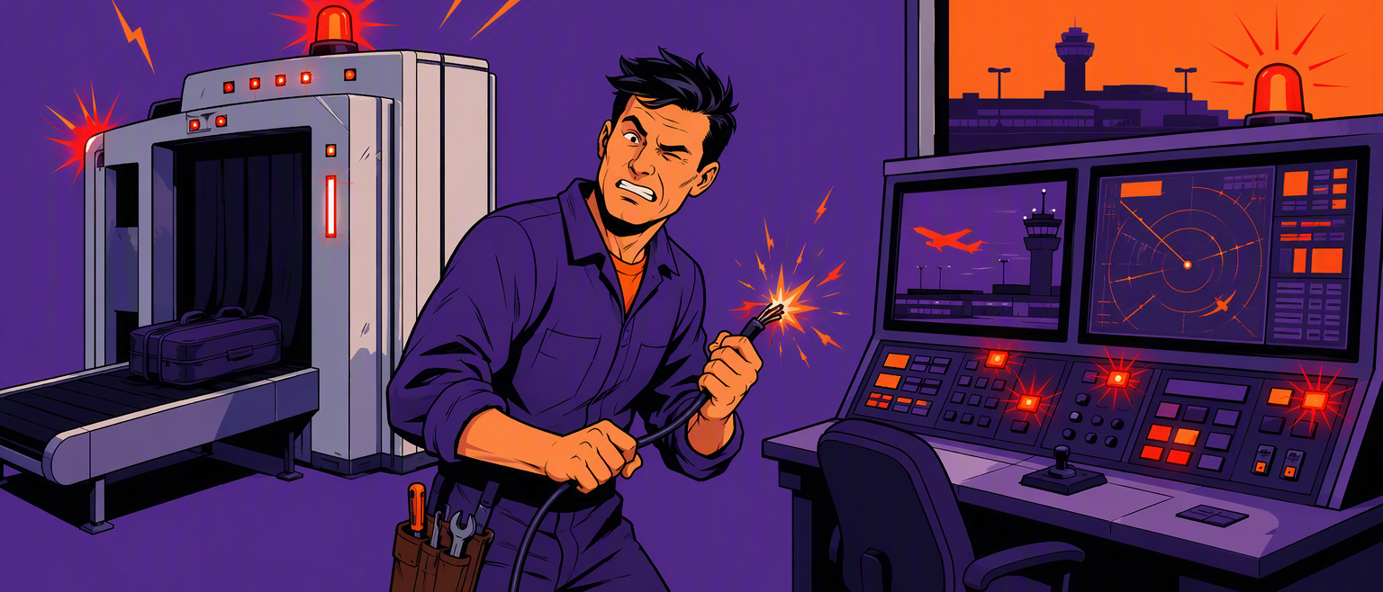 Sparks fly, screens flash red errors, a dispatch desk glitches, and she winces holding a sparking cable.