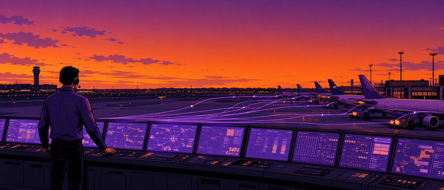 An operations engineer in a headset stands at a wide airport ops console of glowing monitors; purple data-lines fan out across the dusk tarmac to a row of airliners parked at their gates.