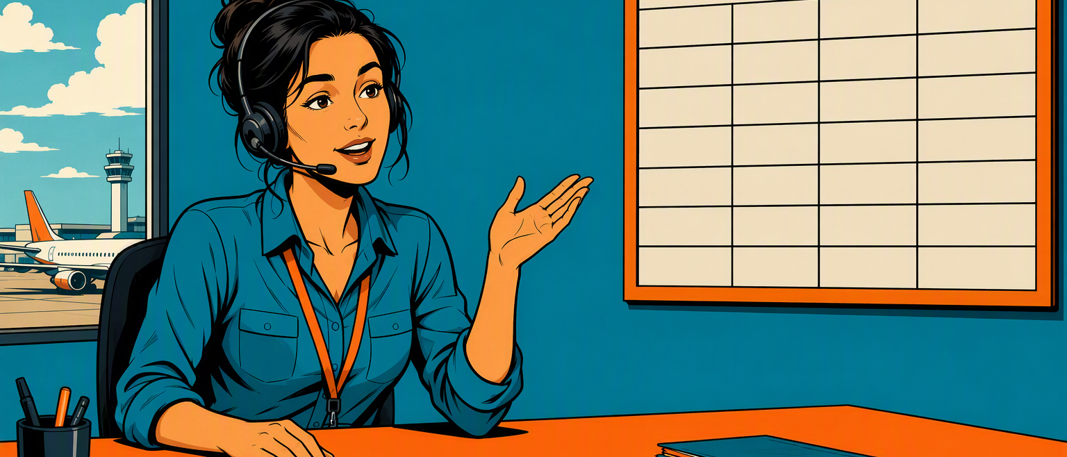 In a dim ops room, a woman in a mustard cardigan stands beside four empty, unstaffed dispatch desks.