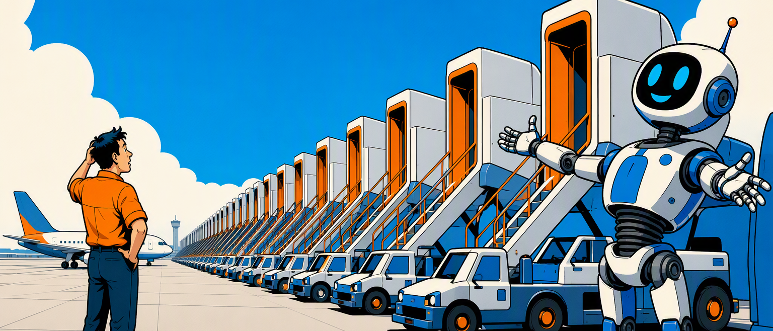 He returns to find dozens of identical blue dispatch booths receding into the distance.