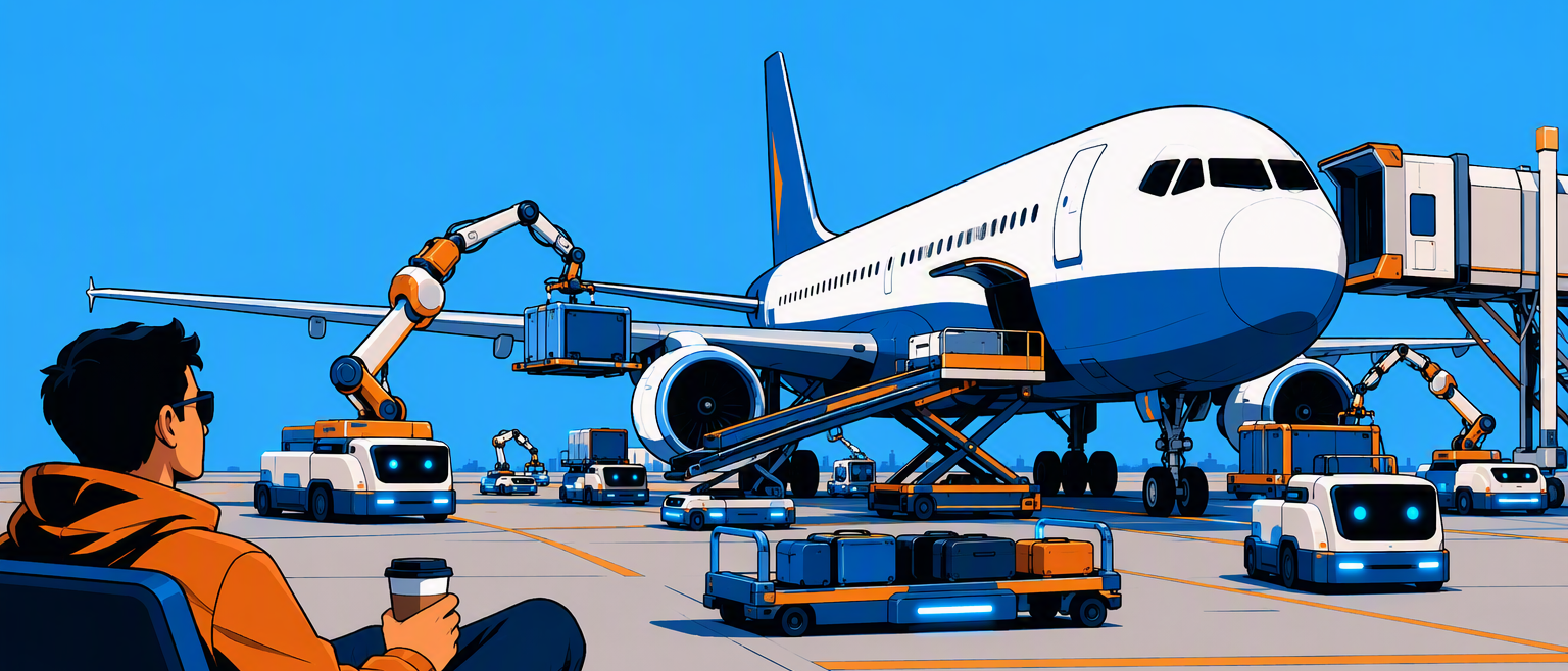 Robotic arms assemble the dispatch board in blue light while the man reclines with his coffee.