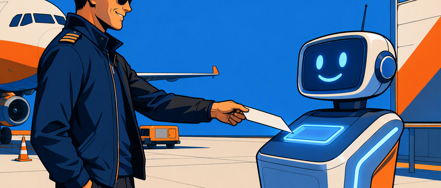 A relaxed man slides a one-page skilling request toward a glowing blue agent console as the booth's blue lamps wake.