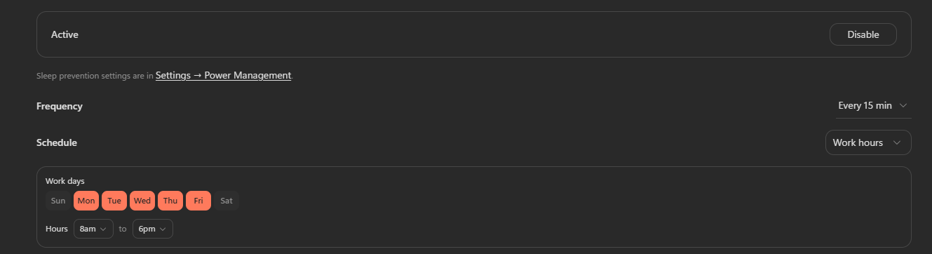 The Scout Heartbeat settings with frequency and schedule