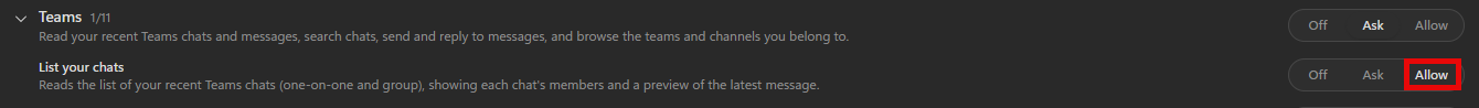 List your chats set to Allow under Teams