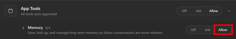 memory set to Allow under App tools