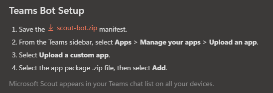 The Teams bot setup steps in Scout