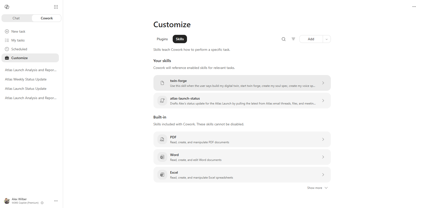 Twin Forge showing under Your skills on the Cowork Customize page