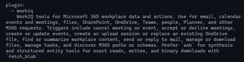 The Copilot CLI skills list showing workiq listed under plugin