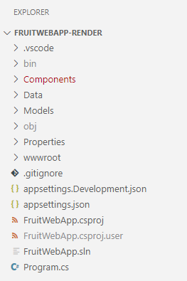 Captura de pantalla que muestra la estructura del proyecto de aplicación web Fruit.