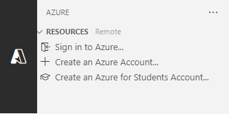 Captura de tela mostrando o ícone da extensão Recursos do Azure e as opções iniciais.