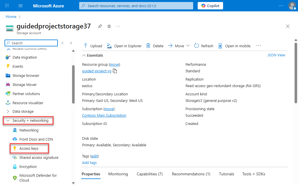Screenshot of the security + networking submenu with the access keys item highlighted.
