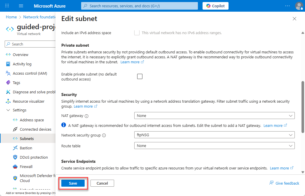 Screenshot of the Edd subnet screen with the Network security group set to ftpNSG and the Save button highlighted.