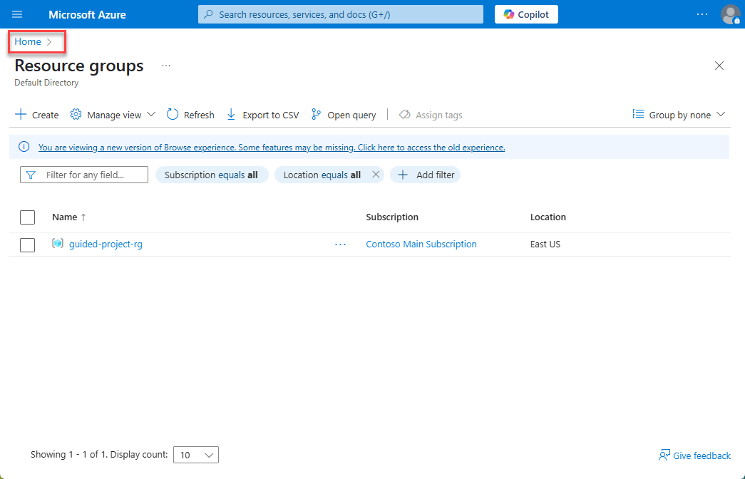 Screenshot of the resource group blade with the Azure home button highlighted.