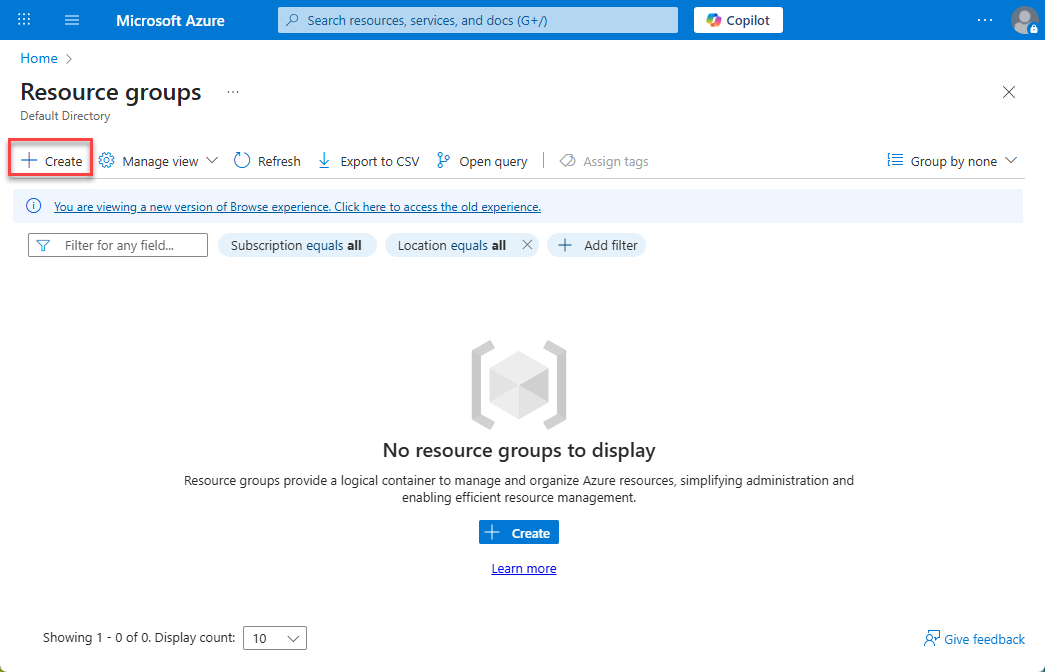 Screenshot of the resource groups blade with the create button highlighted.