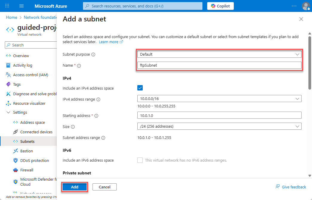 Screenshot of the Add a subnet screen with subnet purpose and name fields and the add button highlighted.