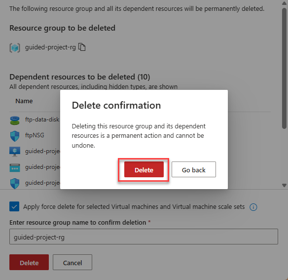 Screenshot of the confirmation dialogue box when deleting a resource group with the delete button highlighted.