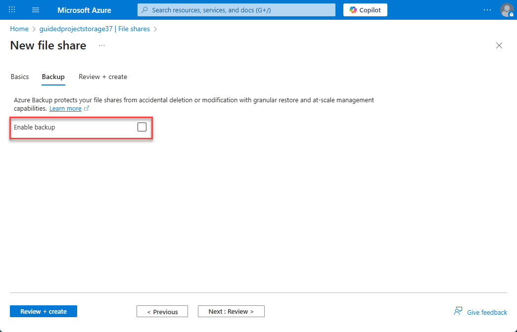 Screenshot of the new file share Backup tab with Enable backup unchecked.