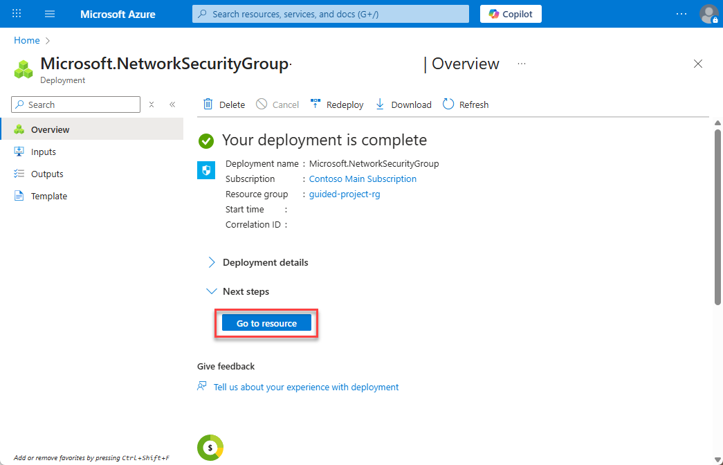 Screenshot of the network security group deployment complete screen with the Go to resource button highlighted.