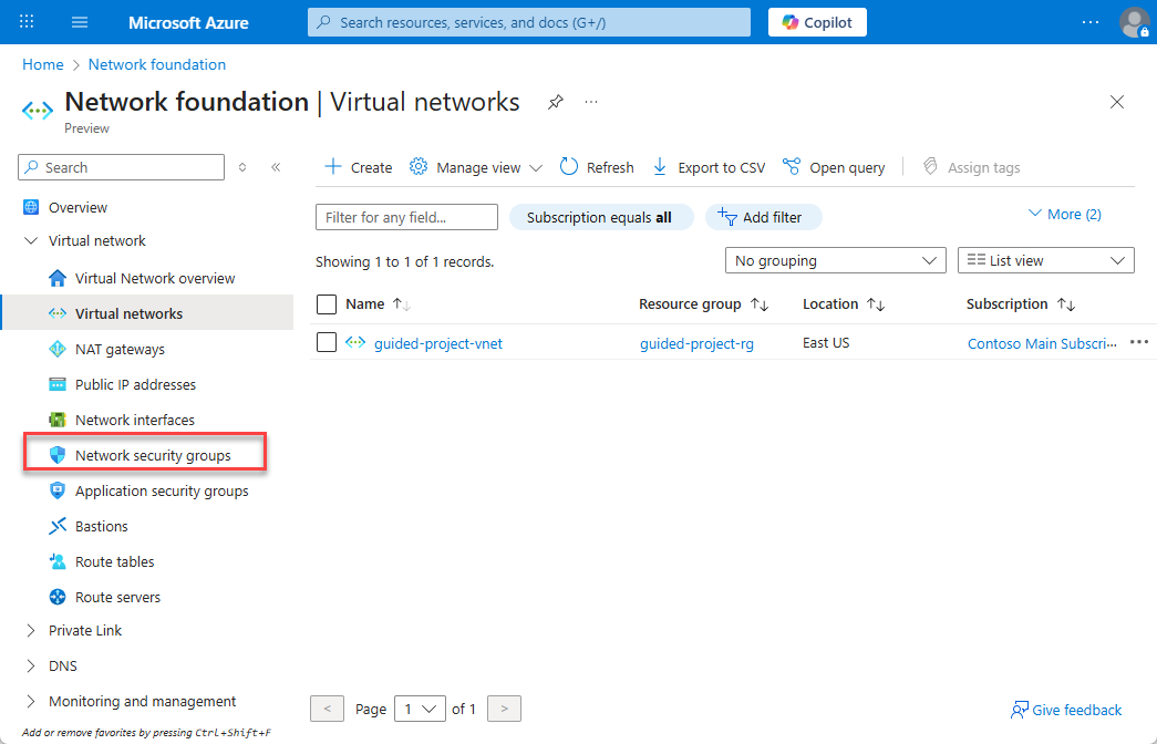 Screenshot of the virtual networks blade with Network security groups highlighted.