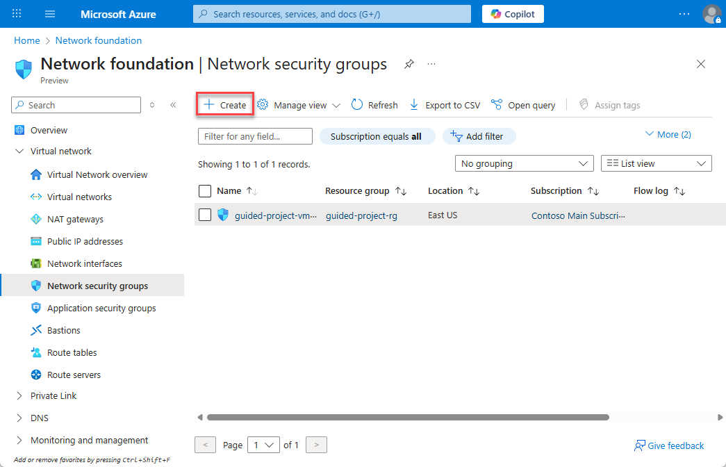 Screenshot of the network security groups blade with the + Create button highlighted.