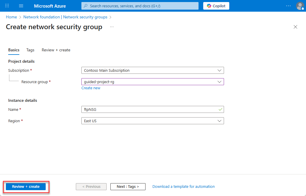 Screenshot of the create network security group blade with the Review + create button highlighted.