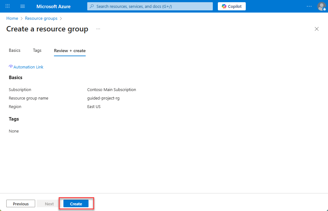 Screenshot of the resource group review and create page with the create button highlighted.