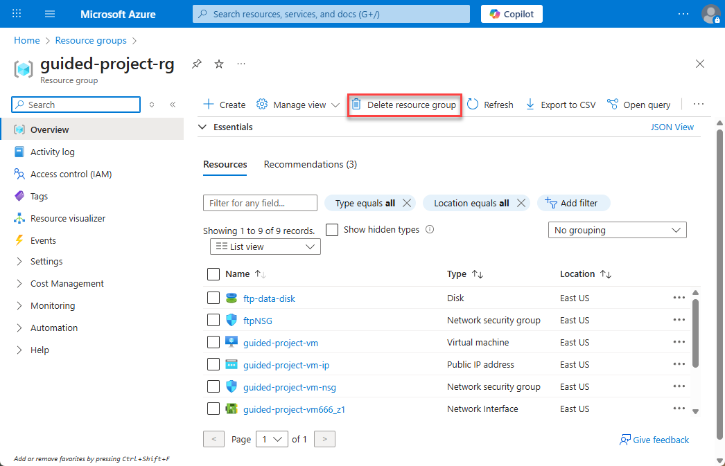 Screenshot of the resource group page with Delete resource group highlighted.
