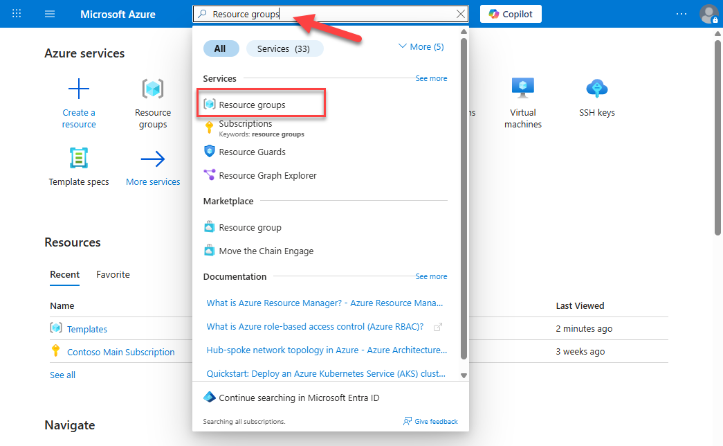 Screenshot of the Azure home page with resource groups in the search bar.