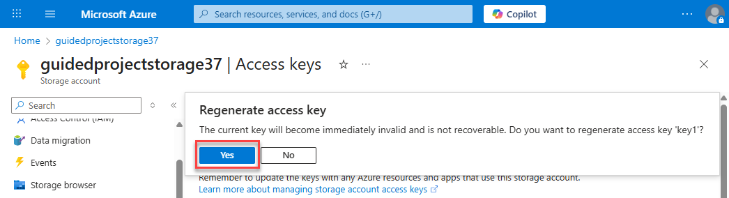 Screenshot of regenerate access key pop-up with the Yes button highlighted.