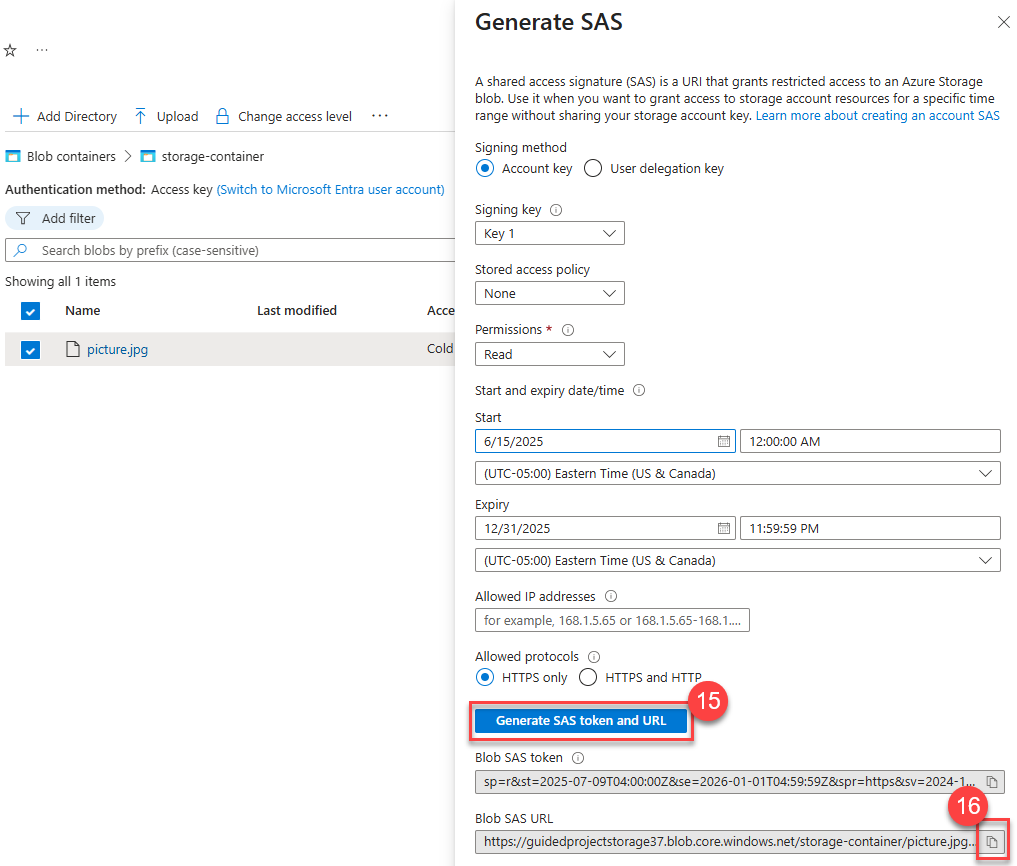 Screenshot of SAS token generated and the copy button highlighted.