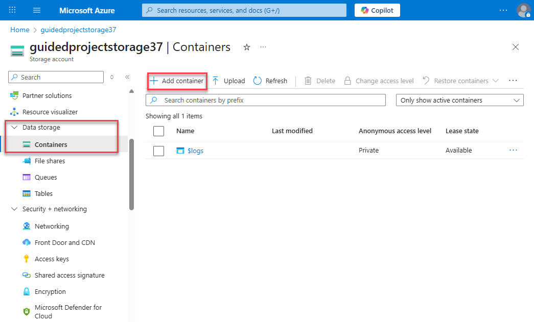 Screenshot of the storage account containers page with the + Add container button highlighted.