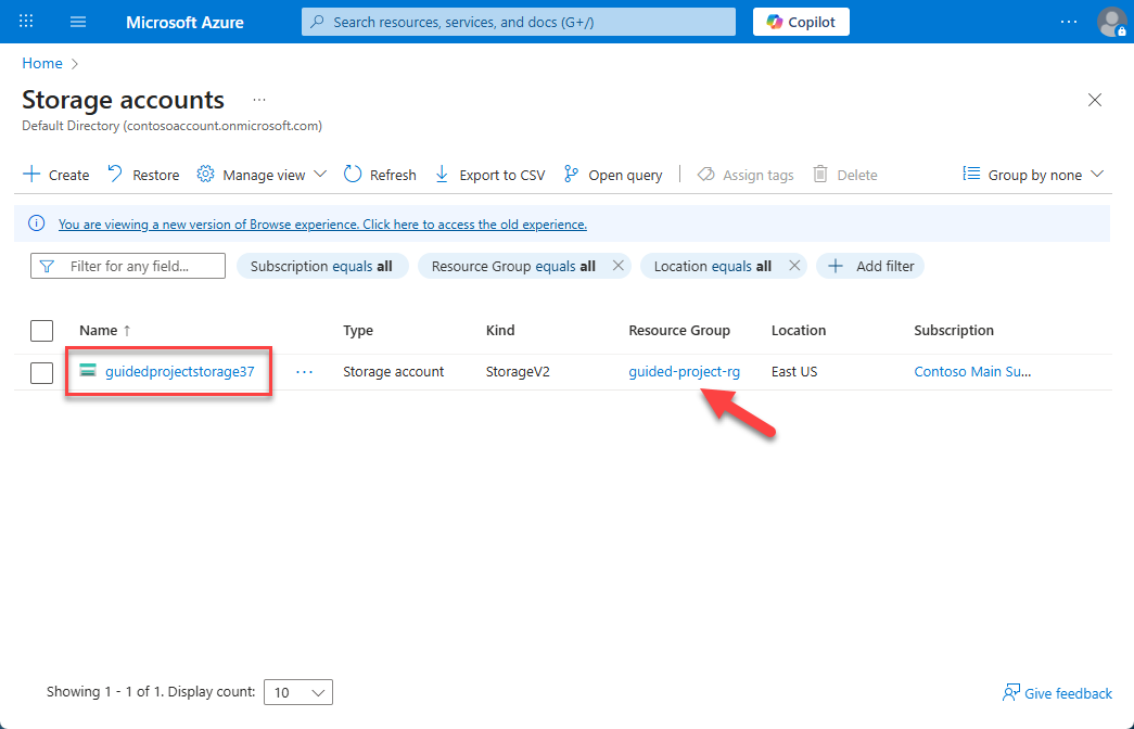 Screenshot of the storage account blade with the exercise storage account highlighted.