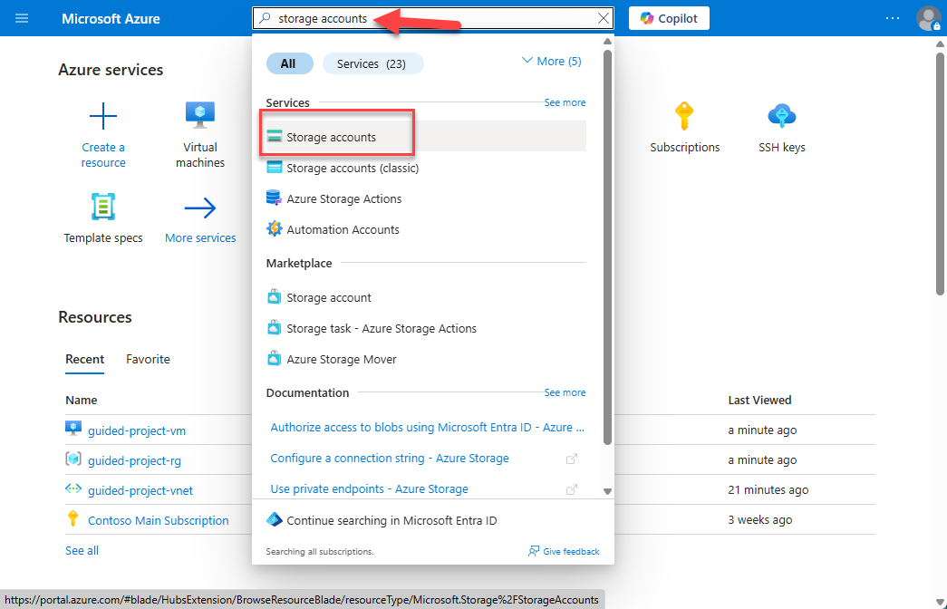 Screenshot of the Azure home page with storage accounts in the search bar.