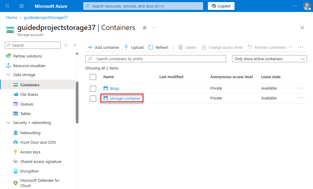 Screenshot of the storage containers page with storage-container highlighted.