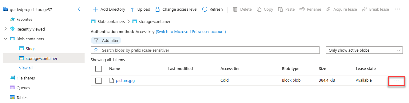 Screenshot of the menu selection for a storage blob with the ellipses highlighted.