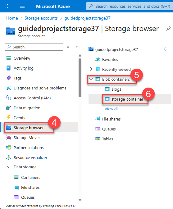 Screenshot of the storage account page with storage browser, blob containers, and a storage blob highlighted.