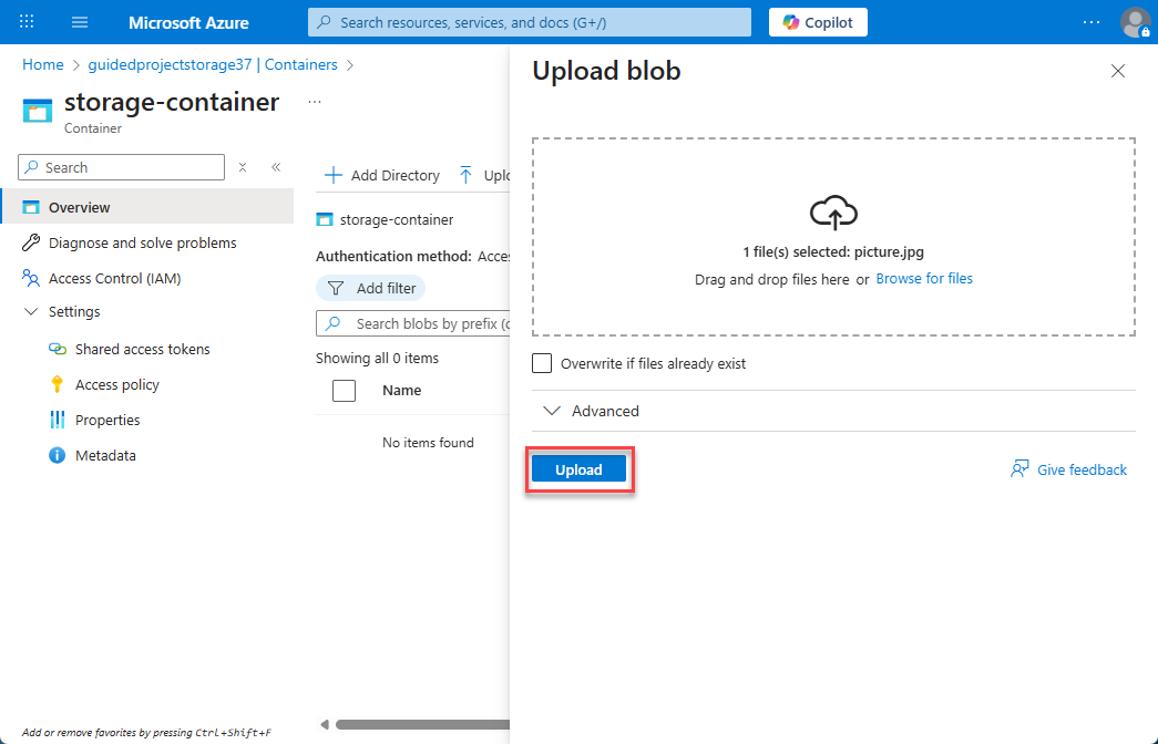 Screenshot of the file upload process for a storage container.