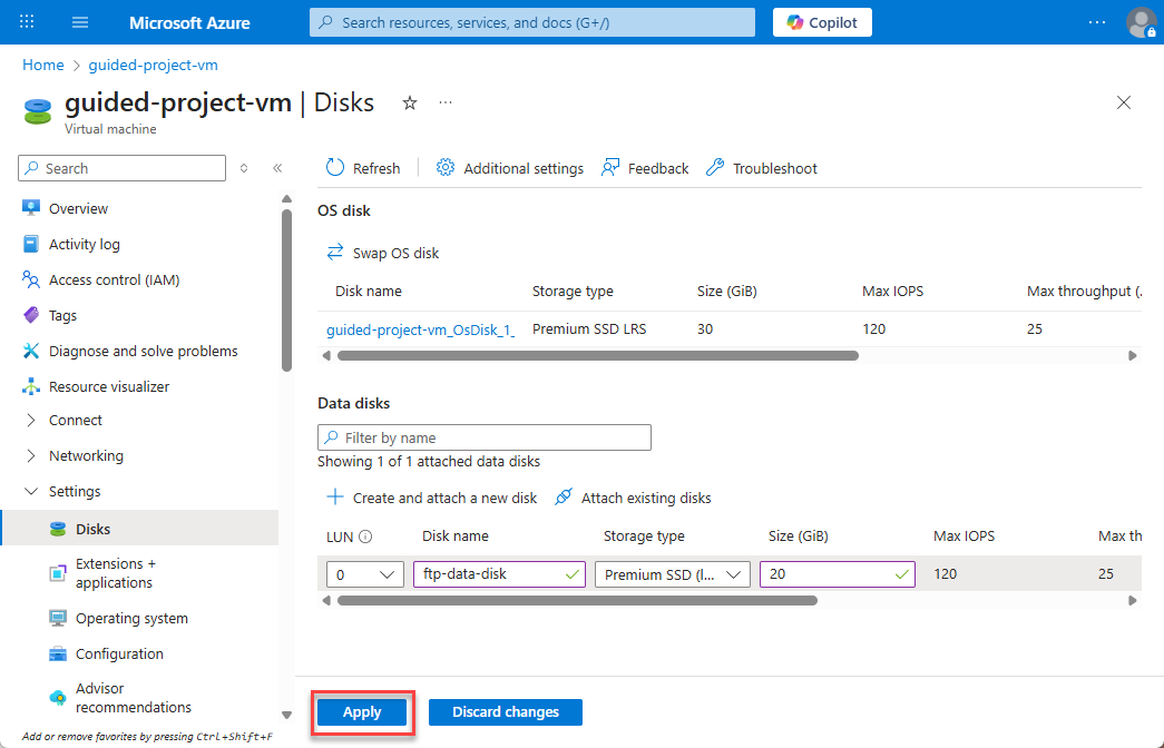 Screenshot of the virtual machine disks blade with data disk configuration entered and the Apply button highlighted.