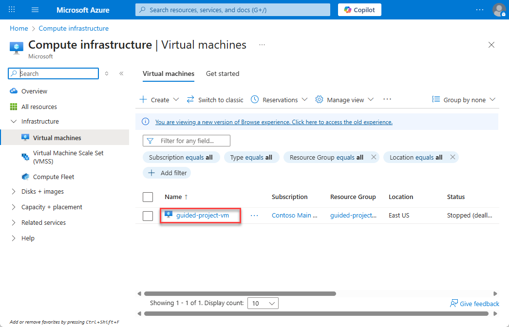 Screenshot of the Virtual machine blade with the guided-project-vm highlighted.