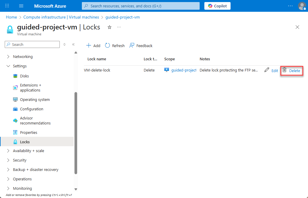 Screenshot of the virtual machine locks page with the Delete button highlighted.