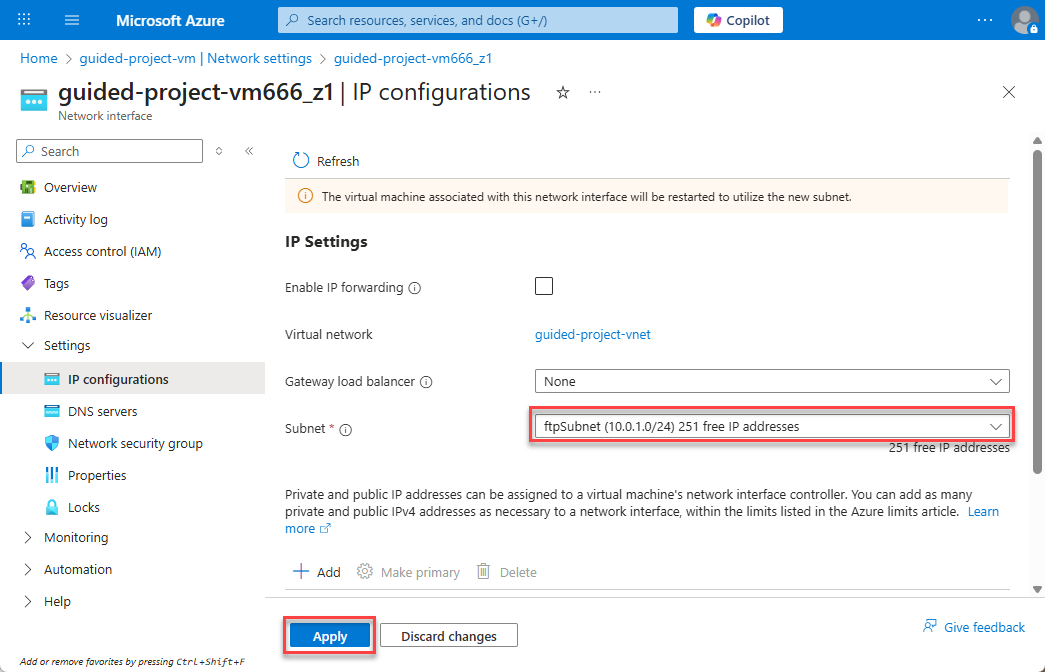 Screenshot of the IP Configurations for the virtual machine with the subnet updated and the Apply button highlighted.