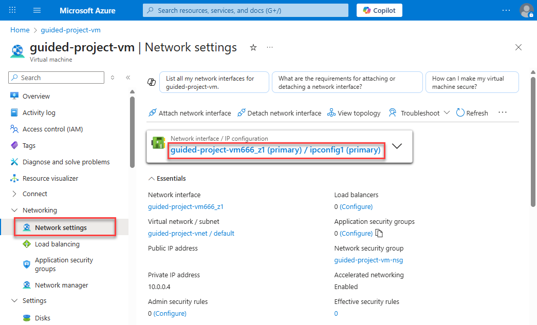 Screenshot of the network settings for the virtual machine with the network interface card highlighted.