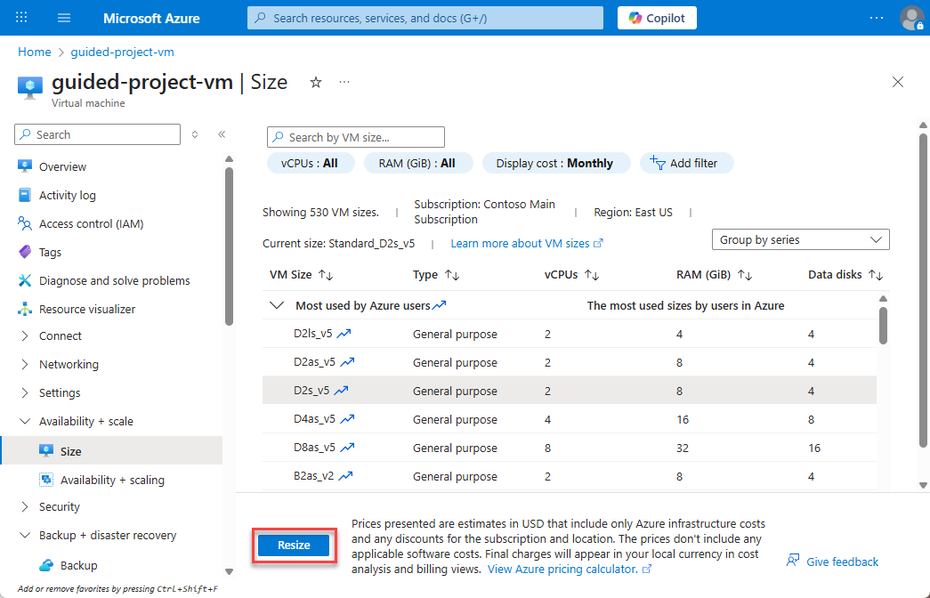 Screenshot of the virtual machine Size blade with a different processor selected and the resize button highlighted.