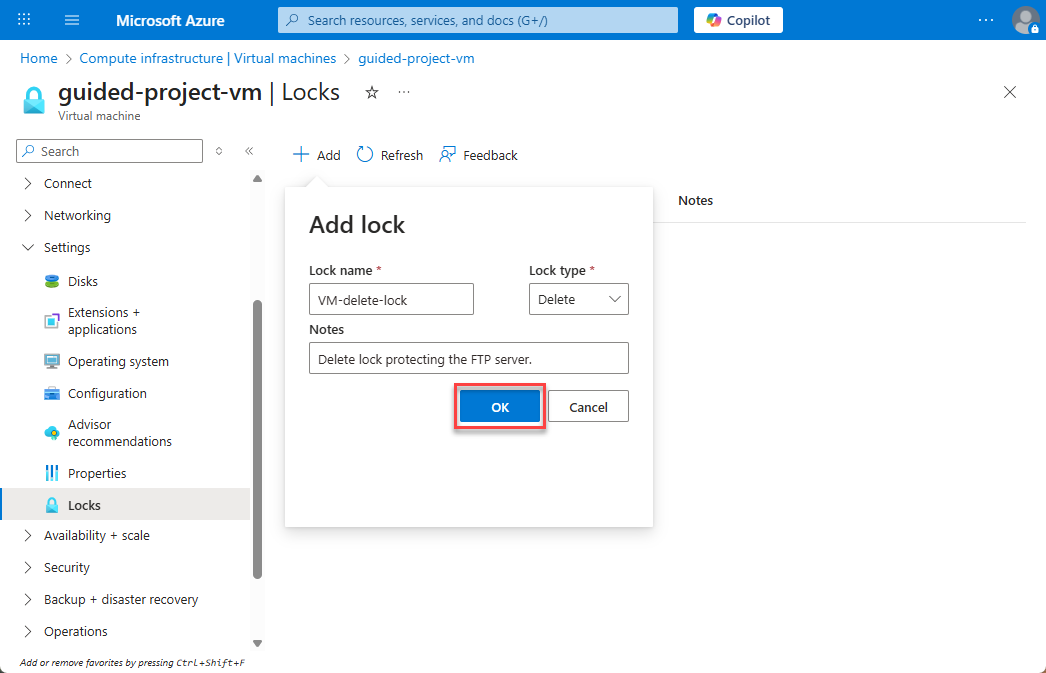 Screenshot of the virtual machine locks page with the information filled in and the OK button highlighted.