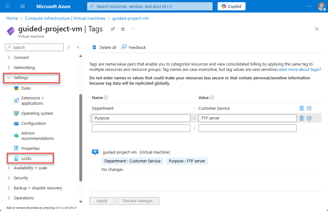 Screenshot of the virtual machine menu pane with Settings expanded and Locks highlighted.
