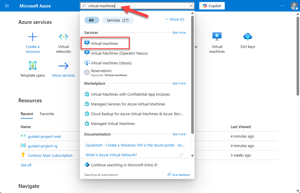 Screenshot of the Azure home page with virtual machines in the search bar.