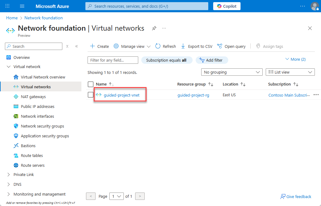 Screenshot of the Virtual networks blade with the guided-project-vnet highlighted.