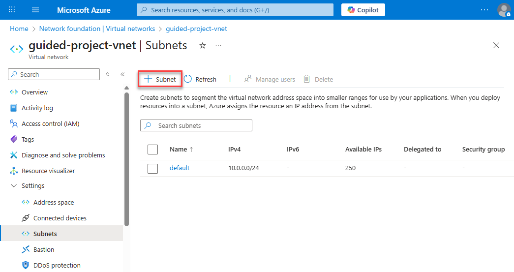 Screenshot of the subnets blade with the + Subnet highlighted.